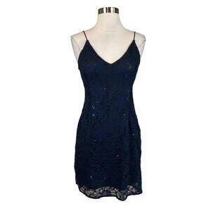 AQUA Women's Cocktail Dress Size 4 Blue Sequined Lace Mini Sheath